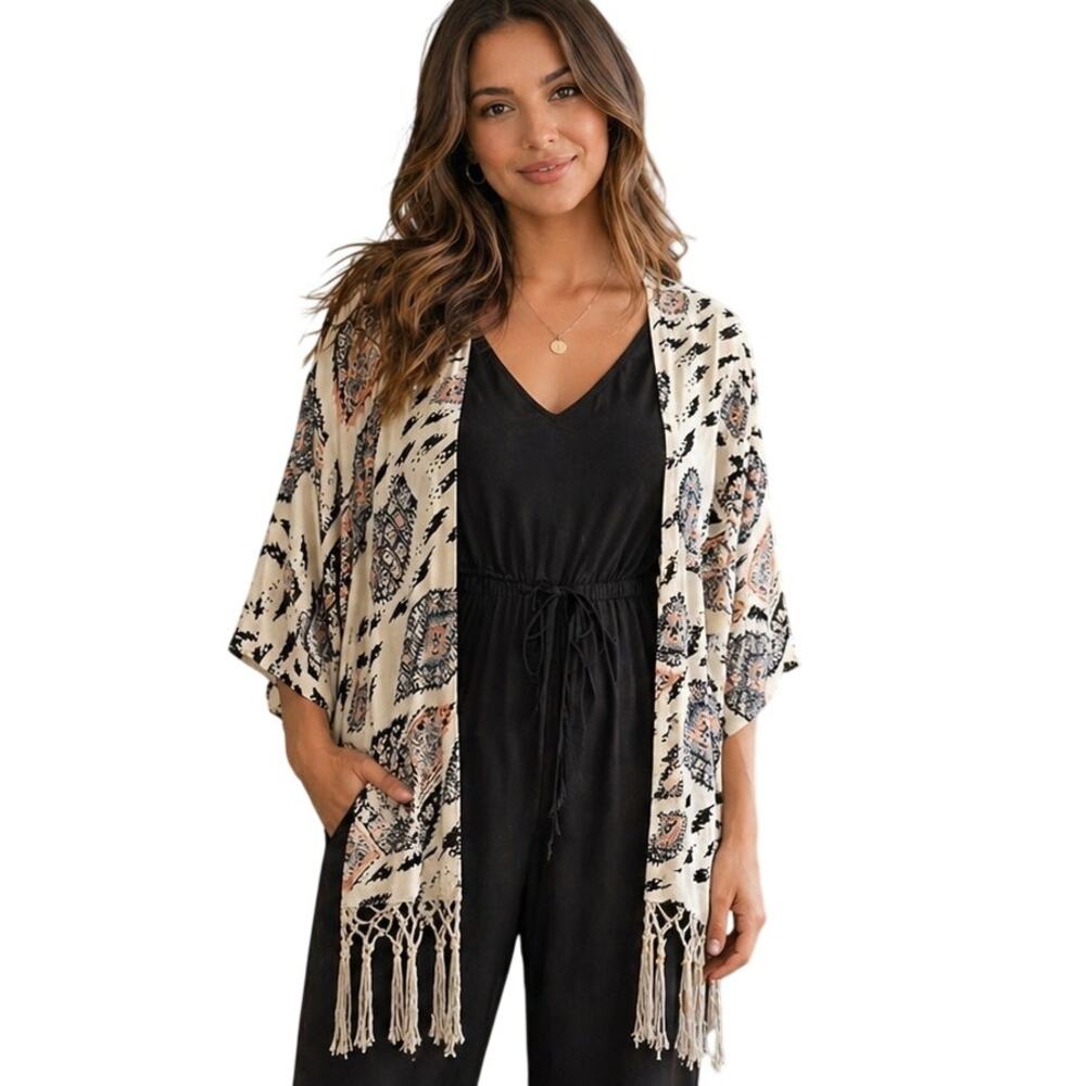 Vince Camuto Marrakech Fringed Kimono Womens Size 2X Cardigan Topper Coverup